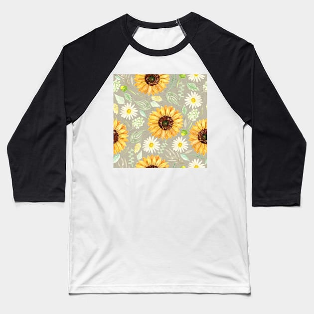 Sunflowers and Daisies | Watercolor | Art | Pattern | Grey Texture Baseball T-Shirt by Harpleydesign